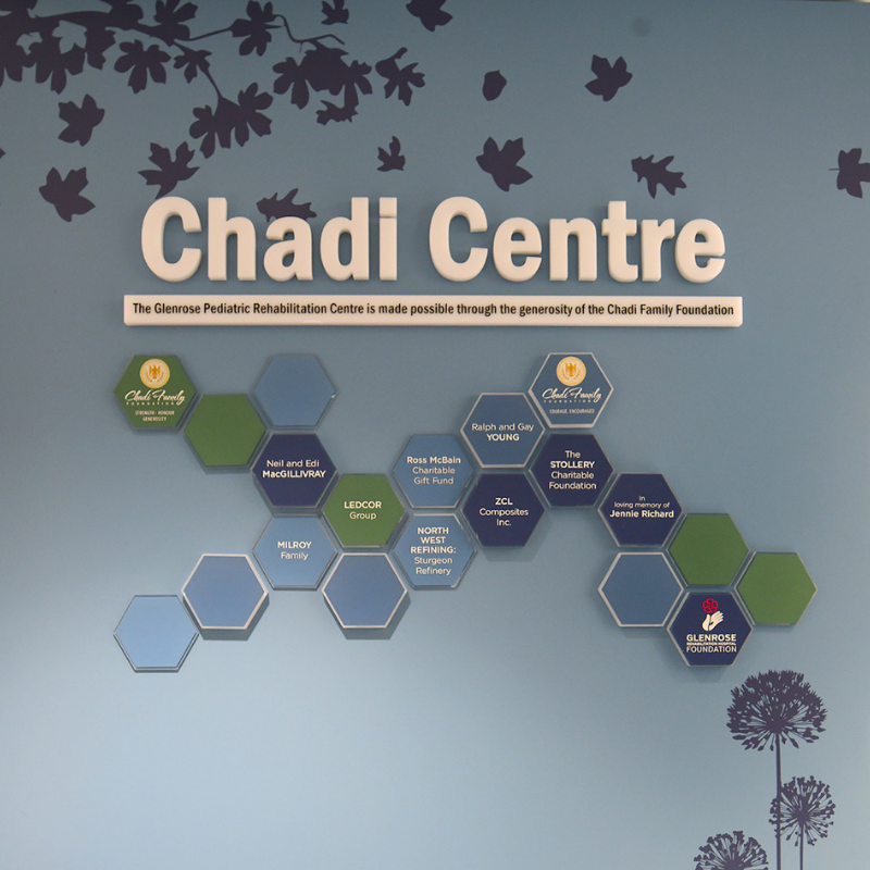 Blue wall with white sign that says Chadi Centre with hexagon shapes below