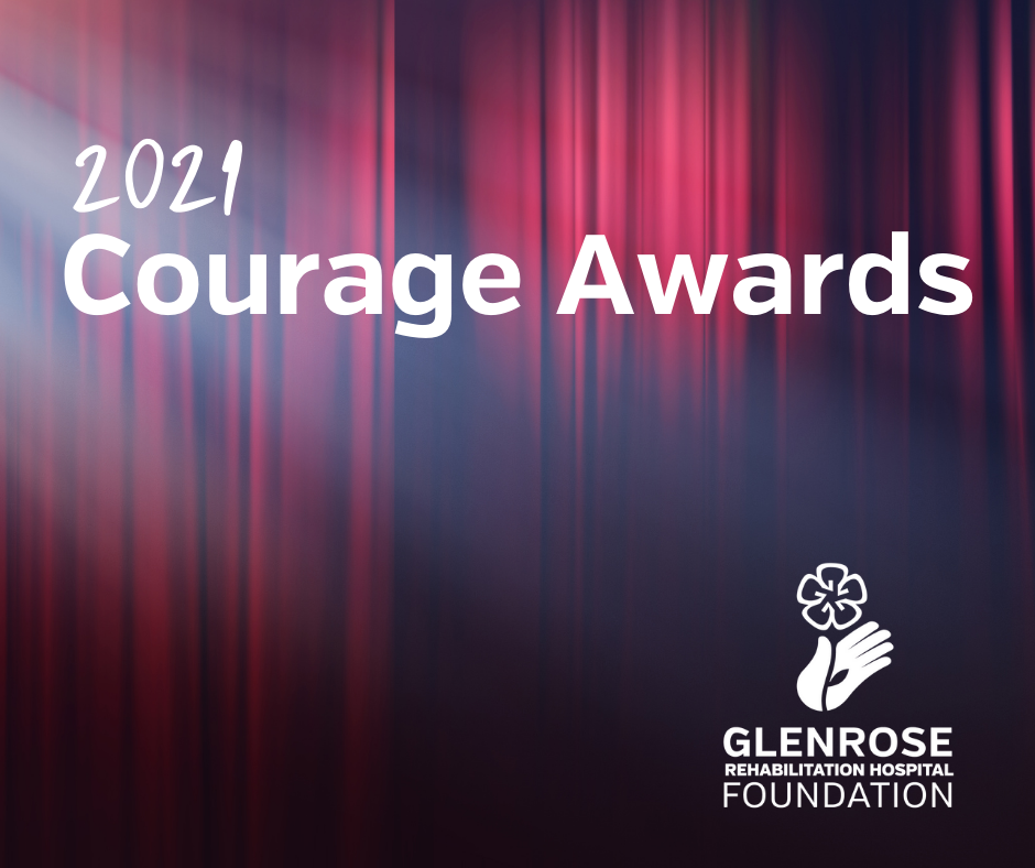 Words 2021 Courage Awards on a red curtain background with a Glenrose Foundation logo in the lower right corner