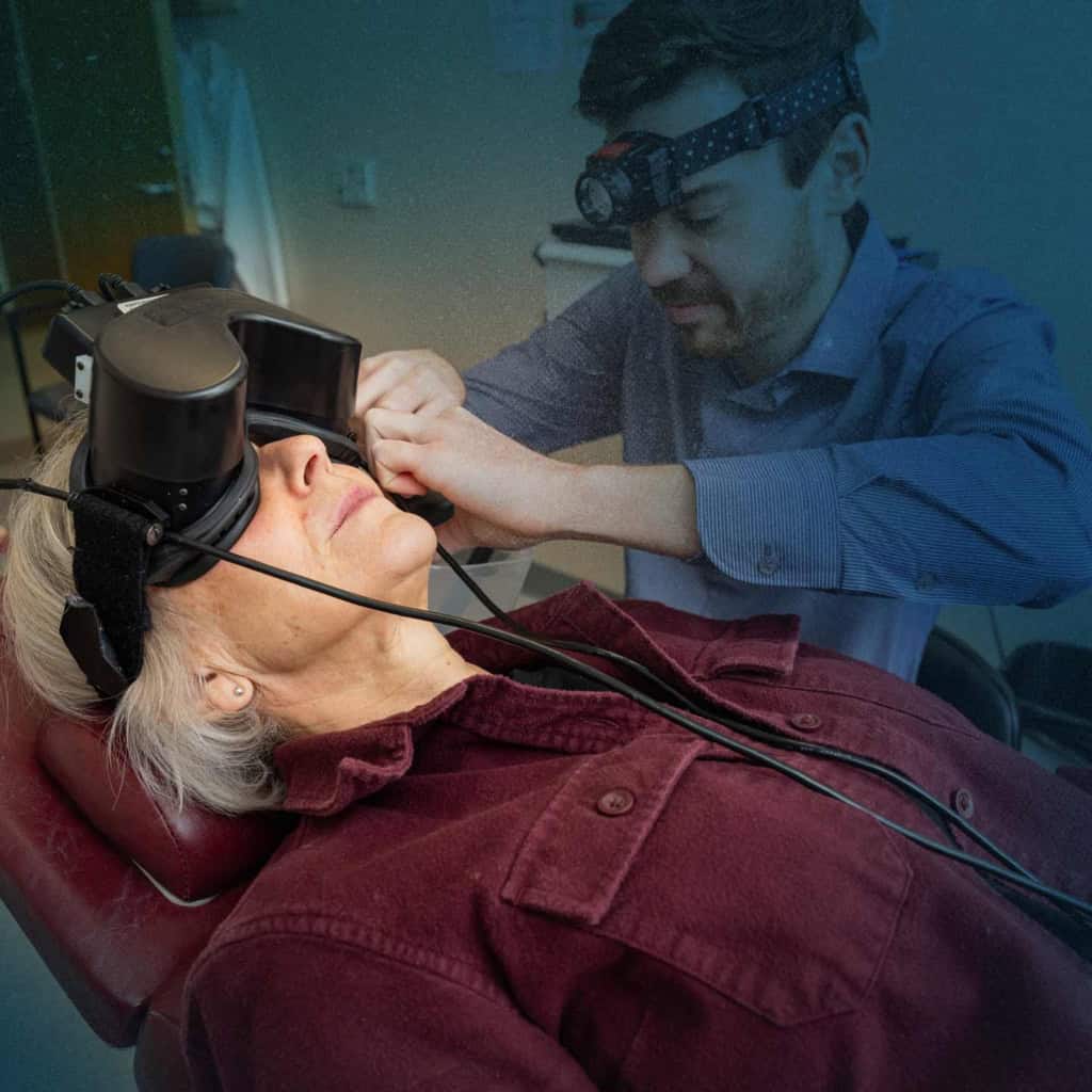 Medical professional performing brain scan on patient at Glenrose Hospital.