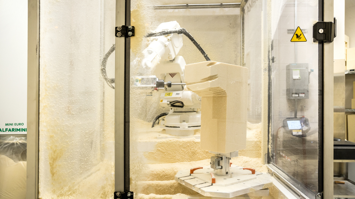 Seven-axis robotic carving machine at the Glenrose carves 3D foam replica for prosthetics
